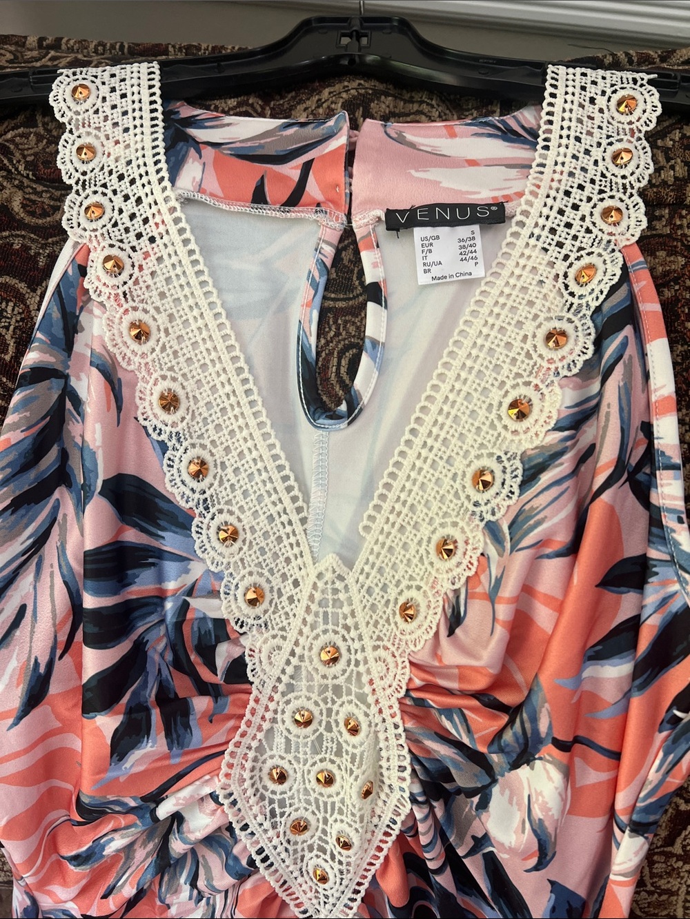 NWOT VENUS Coral and Navy Tropical Lace-Trim High-Low Dress. Stretchy Day, night